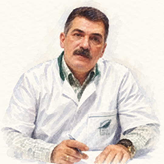 Ionuț Moraru în halat, portret ilustrat după fotografia sa